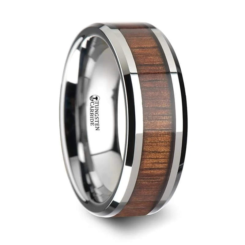 KONA Koa Wood Inlay Tungsten Carbide Ring with Bevels