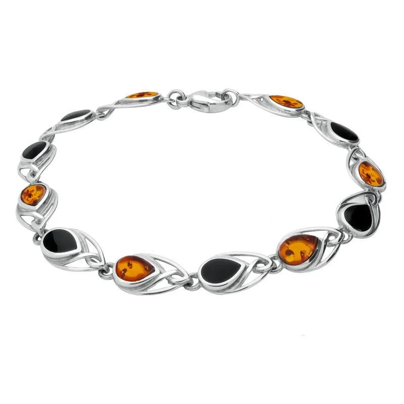 Sterling Silver Whitby Jet Amber Celtic Twelve Stone Pear Bracelet