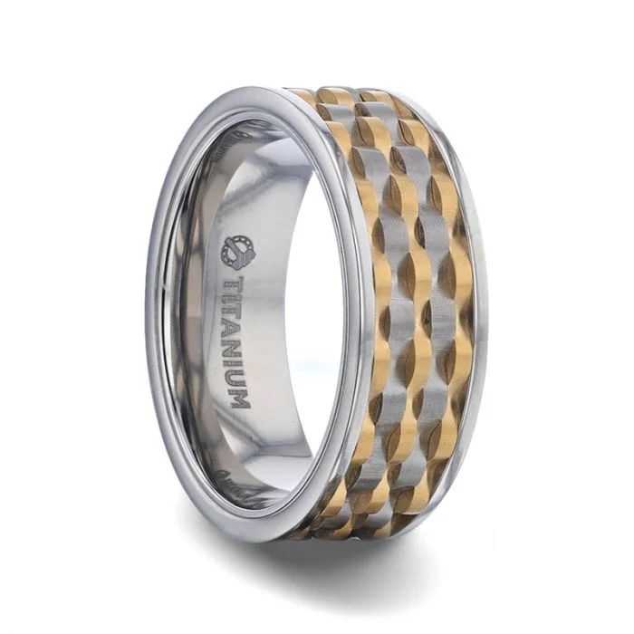 MONTROSE Wavy Gold And Gunmetal Texture Pattern Inlaid Titanium Men's Wedding Band With Flat Polished Profile