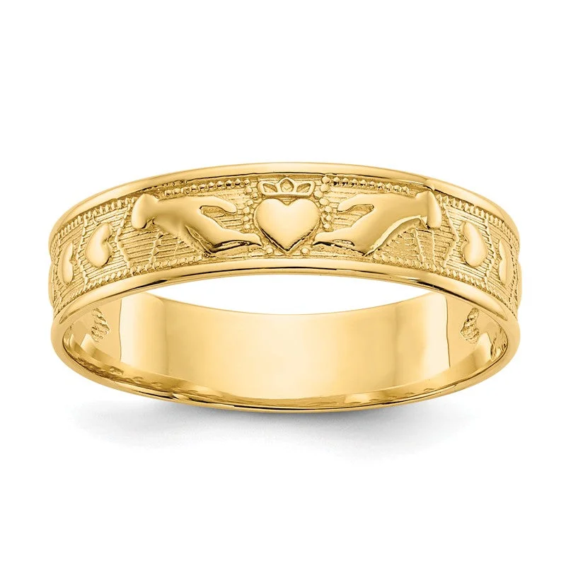 14k Yellow Gold 5mm Wide Claddagh Design Band