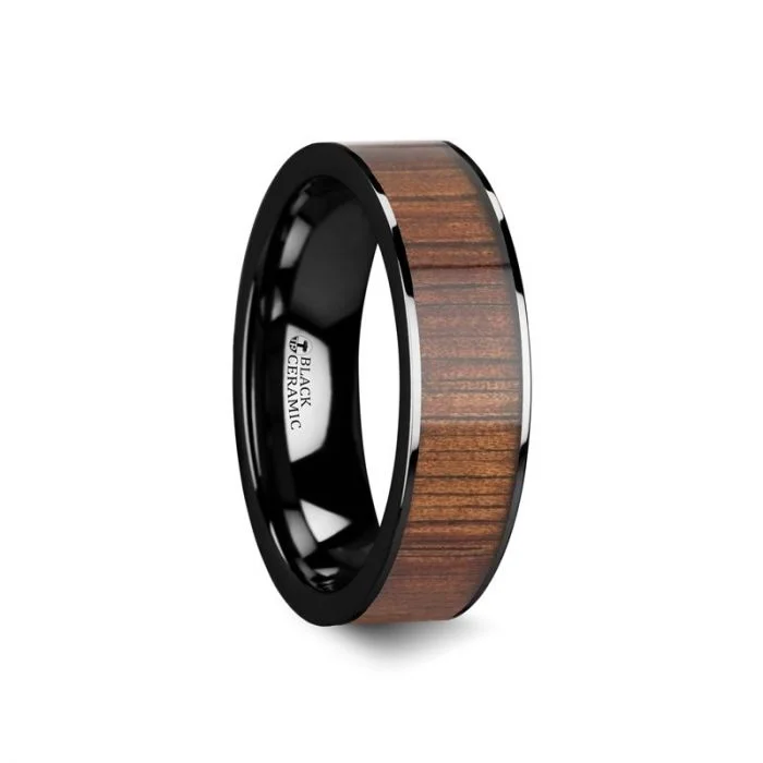 ATREUS Polished Black Ceramic Flat Wedding Band with Koa Wood Inlay