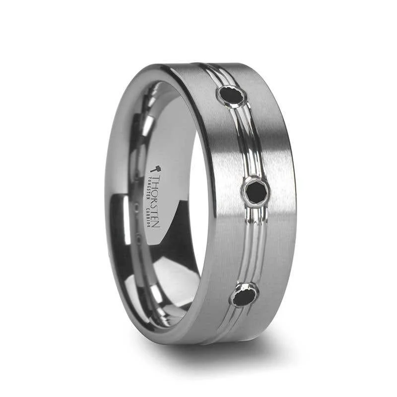 Thorsten ROYALE 3 Black Diamond Satin Finished Tungsten Ring Grooved Center and - 8mm