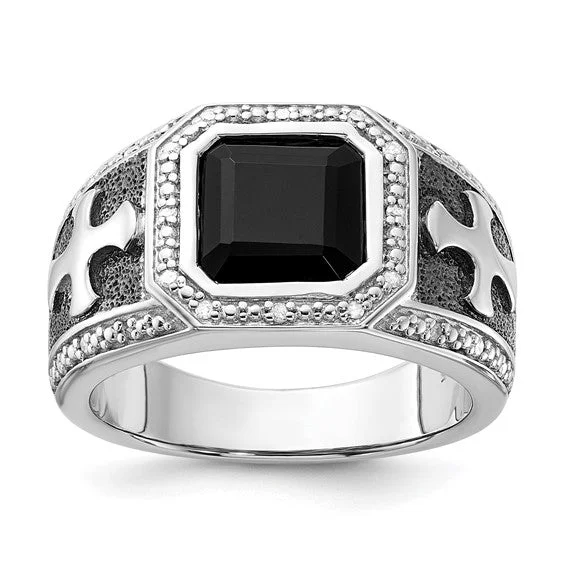 Sterling Silver Diamond & Onyx Black Rhodium Plated Cross Men's Ring