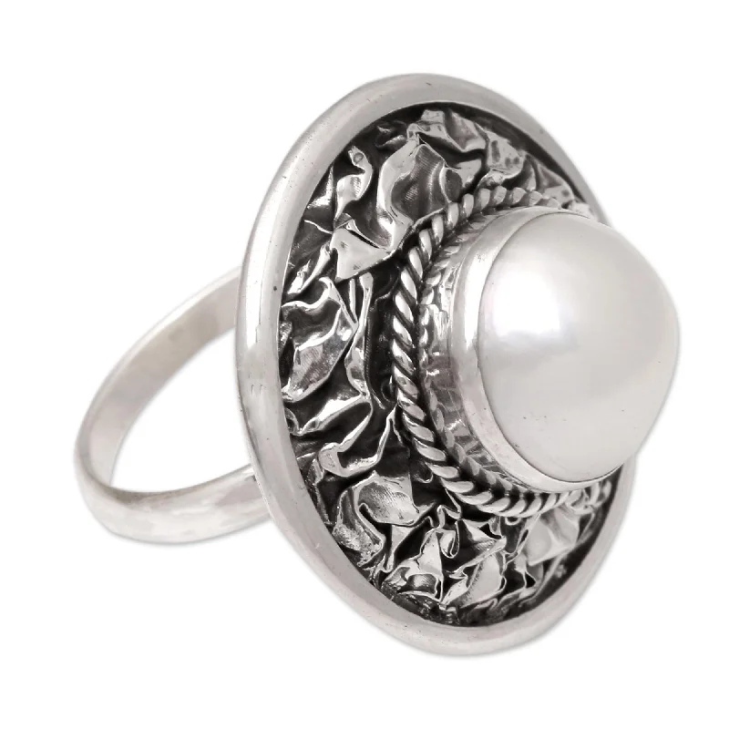 Novica Handmade Lunar Plane Cultured Pearl Cocktail Ring