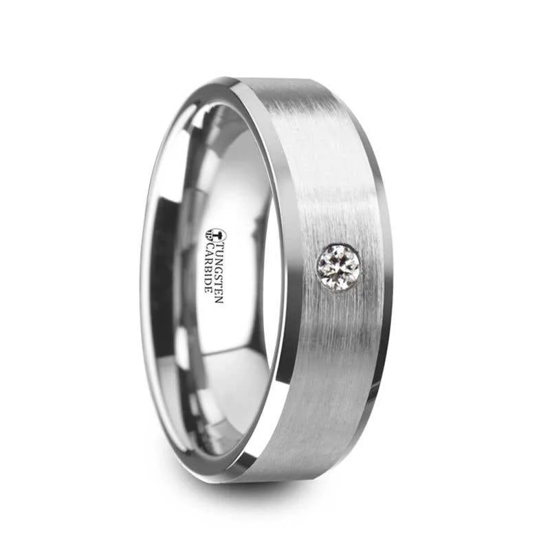 Thorsten PORTER Brushed Finish Tungsten Carbide Wedding Ring with White Diamond Setting and Beveled Edges- 6 mm & 8 mm