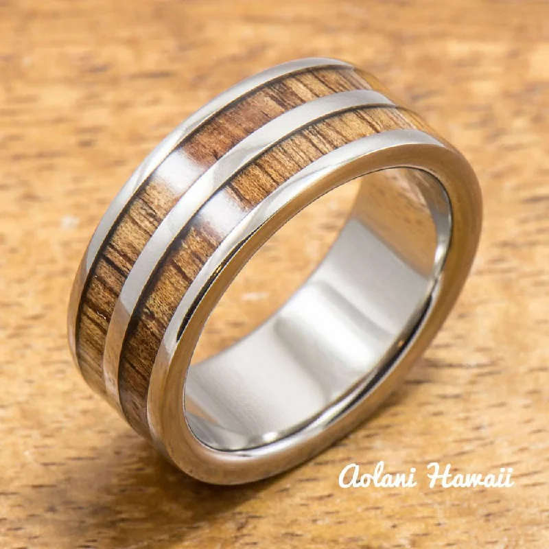 Titanium Ring with Double Hawaiian Koa Woodm Inlay (6mm - 8 mm width, Flat Style)