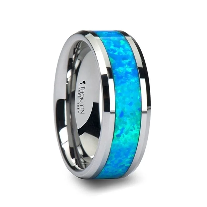 QUASAR Tungsten Wedding Band with Blue Green Opal Inlay