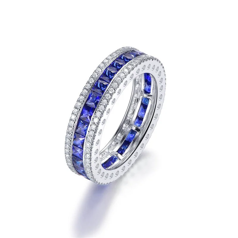 2.5ct Natural Princess Cut Ceylon Blue Sapphire September Birthstone Band,  Diamond 0.45ctw