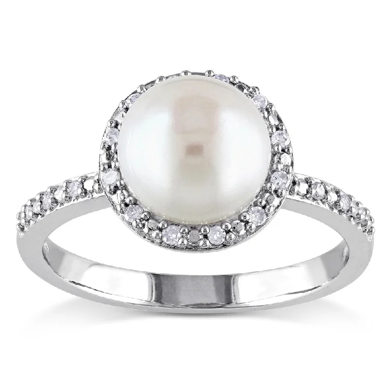 Miadora Silver White Pearl and 1/10ct TDW Diamond Halo Ring (8 - 8.5 mm) (H-I, I2-I3)