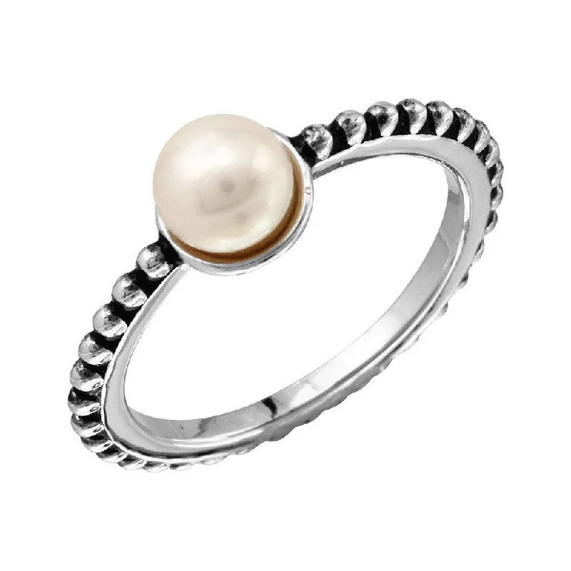 Rhodium Plated 925 Sterling Silver Beaded Shank Fresh Water Center Pearl Ring - BGR01092