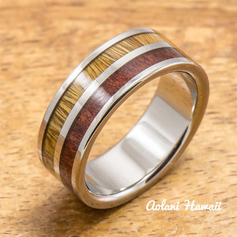 Koa Titanium Ring with Two Tone Hawaiian Koa Wood Inlay (8mm width, Flat Style)