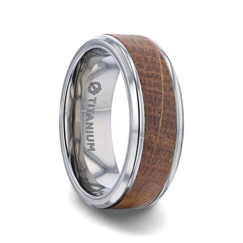 Thorsten CASK Whiskey Barrel Wood Inlaid Titanium Men's Wedding Band With Beveled Polished Edges Made From Genuine Whiskey Barrels - 8mm