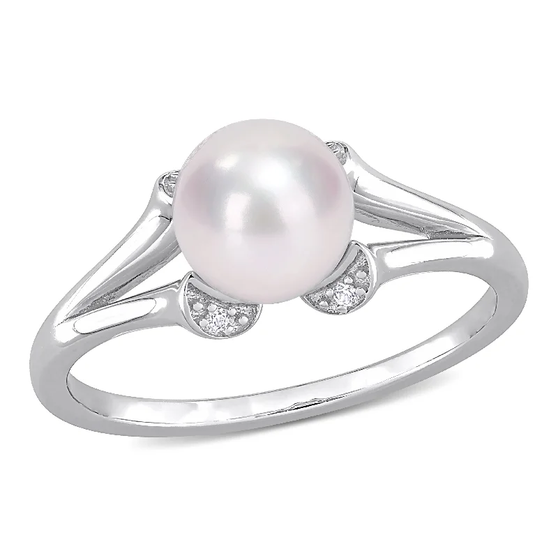 Miadora 7-7.5mm Cultured Freshwater Pearl and Created White Sapphire Split-Shank Ring in Sterling Silver