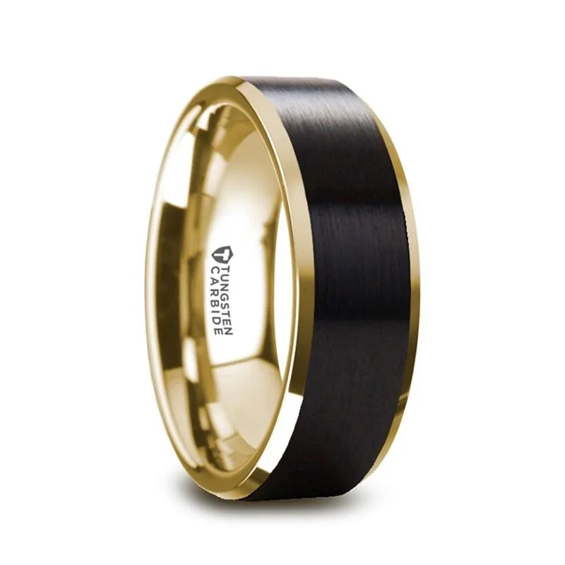 GASTON Gold Plated Tungsten Polished Beveled Ring with Brushed Black Center