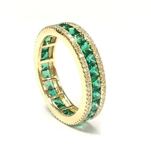 Channel-Set Princess Emerald Diamond May Birthstone Band in Yellow Gold