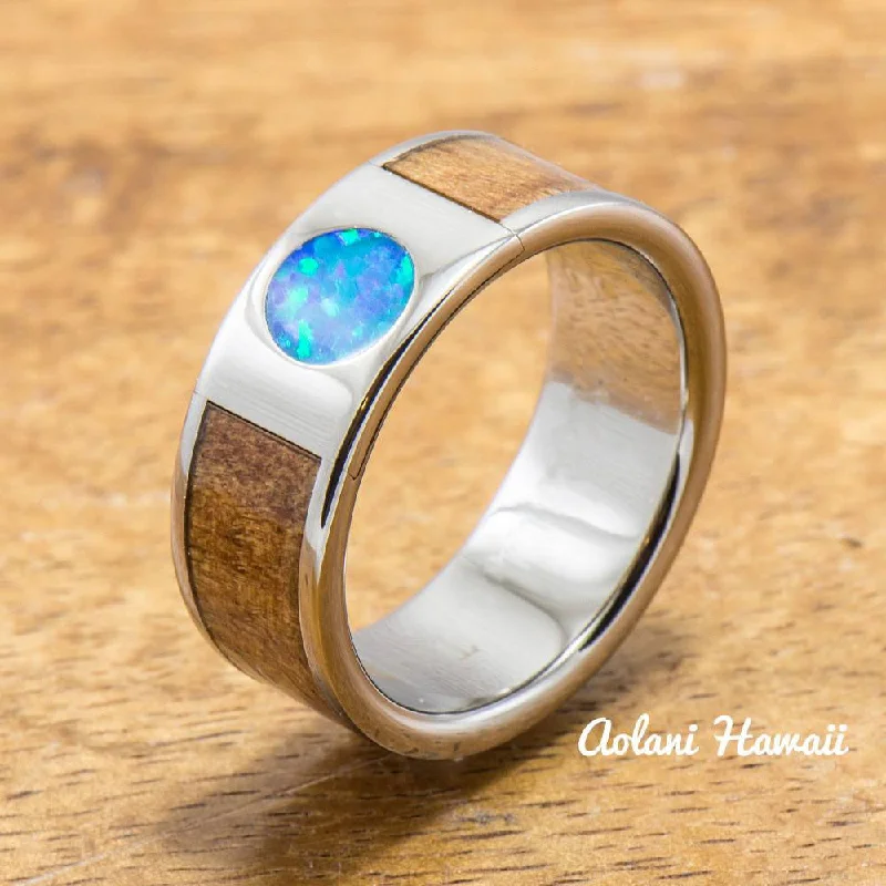 Titanium Ring with Opal and Hawaiian Koa Wood Inlay (8mm width, Flat Style)