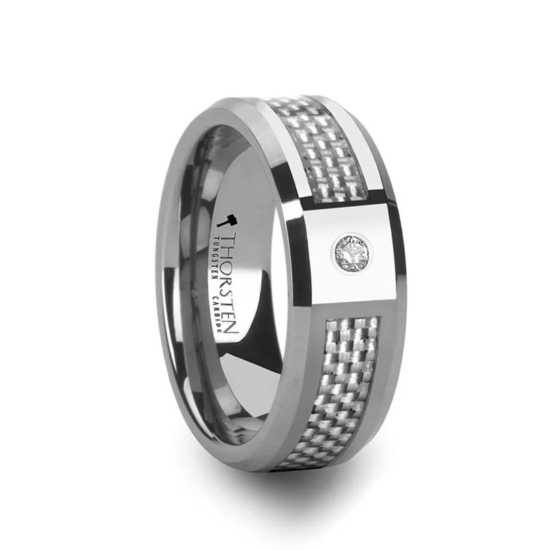 ROYCE Tungsten Carbide Ring with White Carbon Fiber and White Diamond