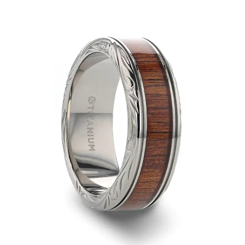 OHANA Koa Wood Inlaid Titanium Men’s Wedding Ring with Intricate Edges