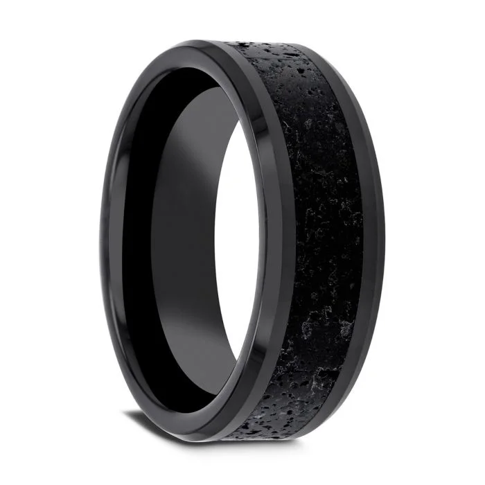 VESUVIUS Men’s Polished Black Ceramic Wedding Band with Black & Gray Lava Rock Stone Inlay & Polished Beveled Edges