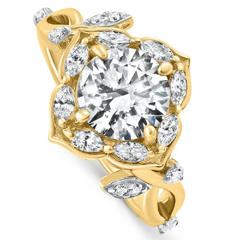 Certified 2.53Ct Round Diamond Engagement Vine Petal Ring Yellow Gold