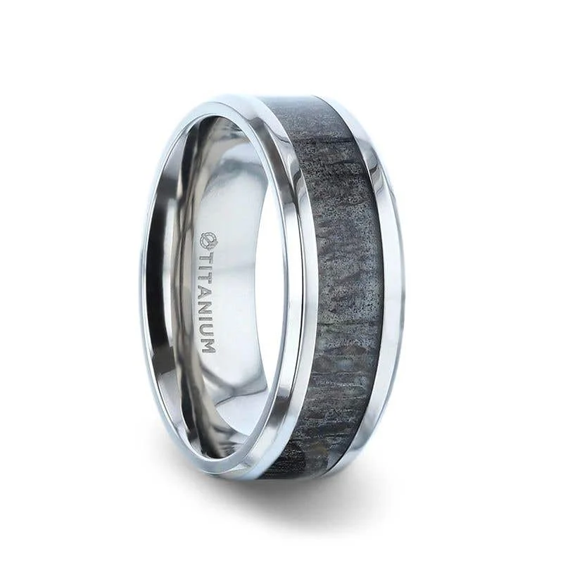 Thorsten MELANISTIC Dark Deer Antler Inlaid Titanium Flat Polished Finish Men's Wedding Band With Beveled Edges - 8mm