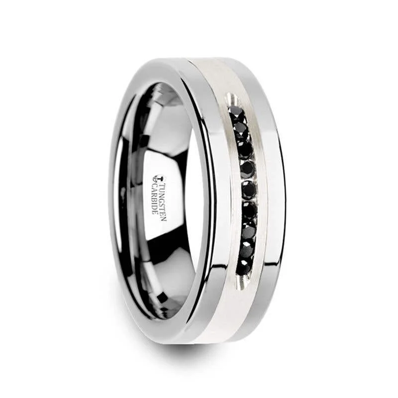 Thorsten BLACKSTONE Flat Tungsten Wedding Band with Brushed Silver Inlay Center and 9 Channel Set Black Diamonds - 8mm