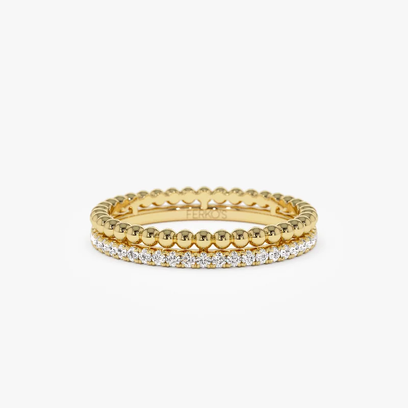 14K Stacked Beaded Ring with Diamond Ring