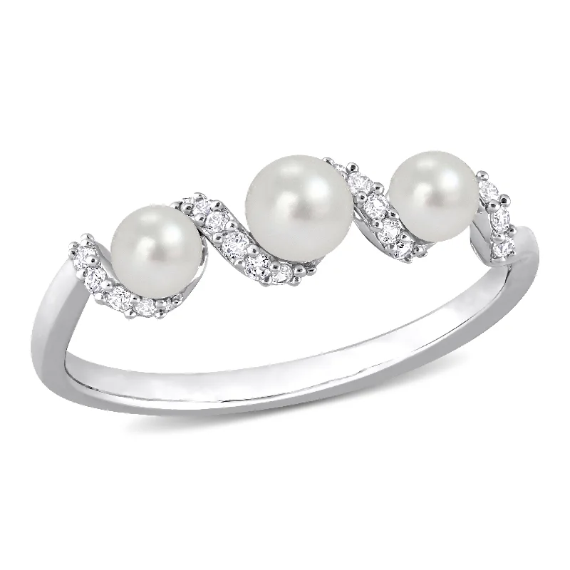 Miadora Cultured Freshwater Pearl and 1/4ct TGW Created White SapphireSwirl Ring in Sterling Silver