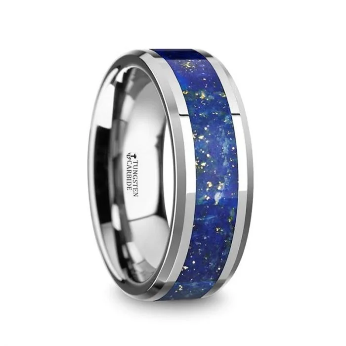 OSIAS Men’s Polished Tungsten Wedding Band with Blue Lapis Inlay & Beveled Edges