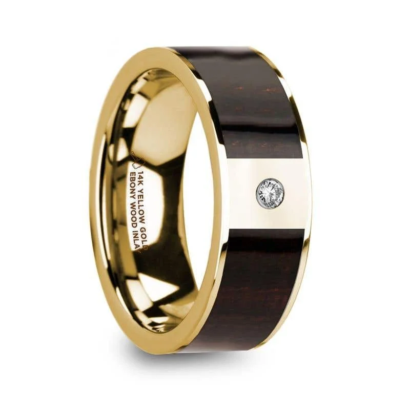 Thorsten SERGIOS14k Yellow Gold Ebony Wood Inlay Flat Wedding Ring with Diamond Center - 8mm