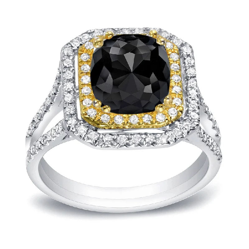 Auriya 1 3/4ctw Cushion Cut Halo Black Diamond Ring 14k Two-tone Gold