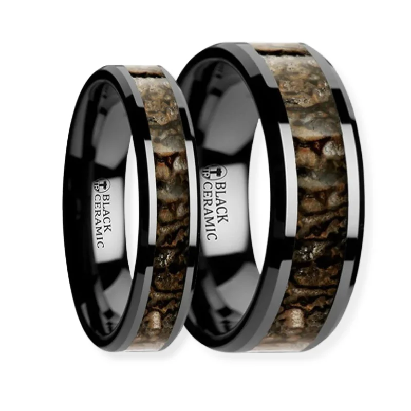 Thorsten SILURIAN Dinosaur Bone Inlaid Black Ceramic Beveled Edged Ring 4 - 8mm