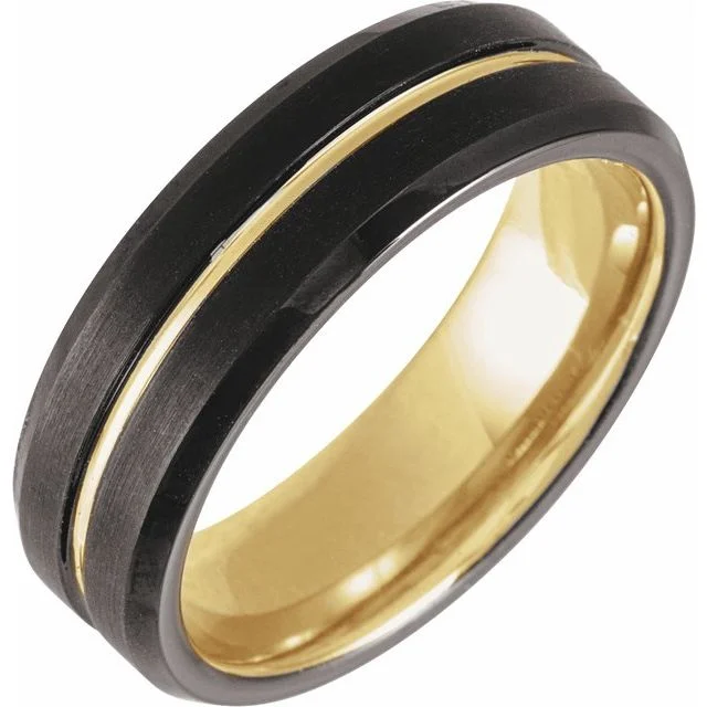 18K Yellow Gold PVD & Black PVD Tungsten 7 mm Grooved Band