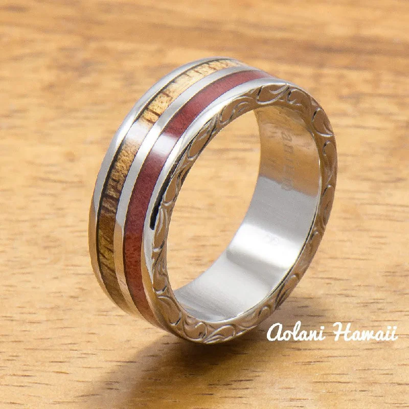 Koa Titanium Ring with Two Tone Hawaiian Koa Wood and Pink Ivory Inlay (7mm width, Flat Style)