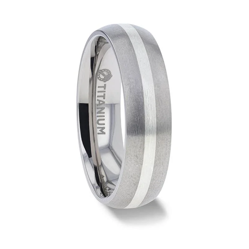 Thorsten REN Sterling Silver Inlay Titanium Wedding Band with Domed Brushed finished Edges - 6mm & 8mm