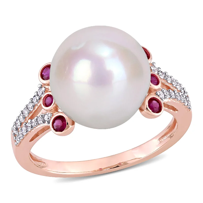 Miadora 11-12mm Cultured Freshwater Pearl 1/5ct TGW Ruby and 1/7ct TW Diamond Split Shank Ring in 10k Rose Gold