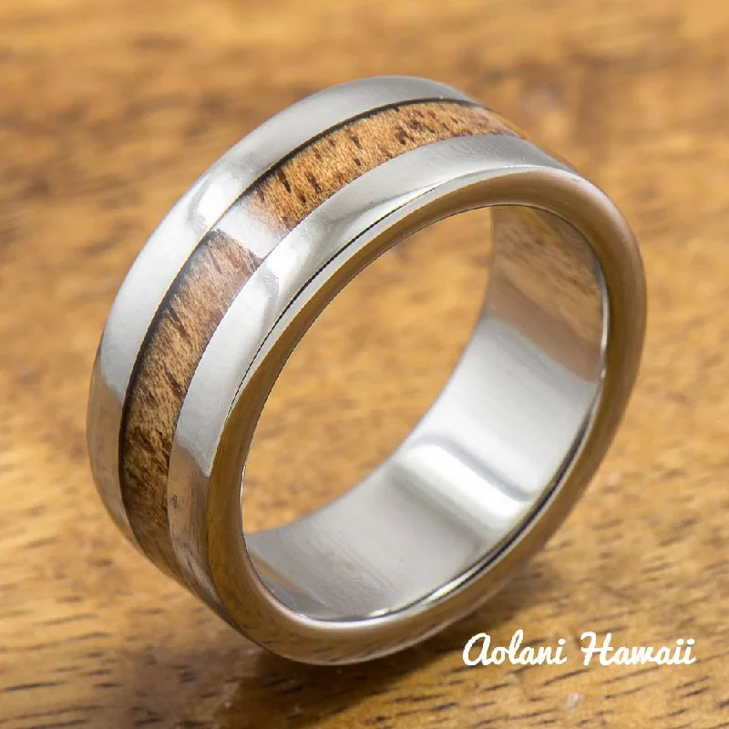 Titanium Ring with Hawaiian Koa Wood Inlay (6mm - 8 mm width, Flat Style)