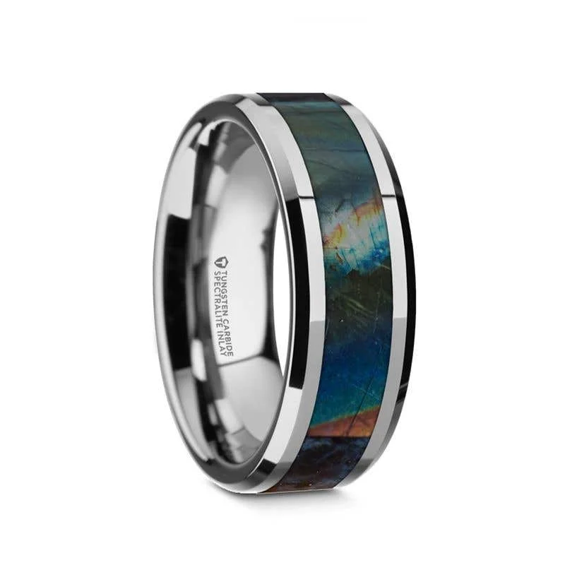 Thorsten ESSENCE Beveled Tungsten Carbide Wedding Ring with Spectrolite Inlay Polished Finish - 8mm