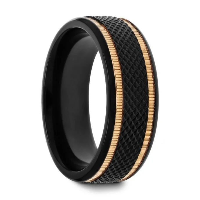 BAROQUE Black Titanium Diamond Pattern Brushed Finish Men’s Wedding Ring with Gold Milgrain Grooves