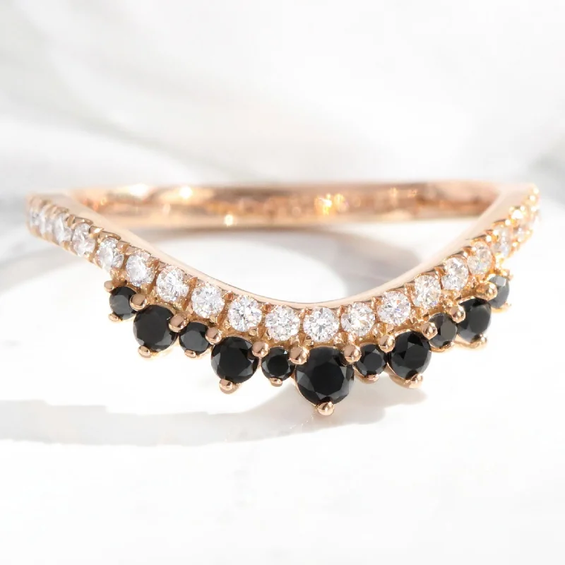 Crown Black and White Diamond Ring in Curved Contour Pave Band