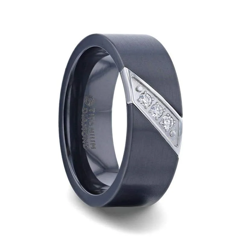 Thorsten JAGUAR Flat Brushed Black Titanium Men's Wedding Band With Small Silver-Coated Diagonal Design And A Set of 3 Diamonds - 8mm