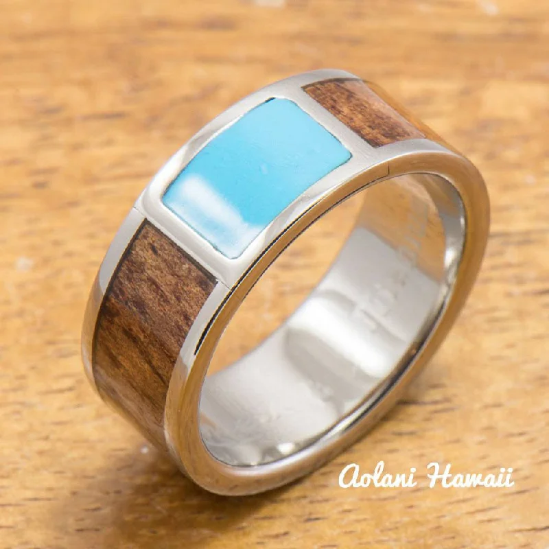 Titanium Ring with Turquoise and Hawaiian Koa Wood Inlay (8mm width, Flat Style)