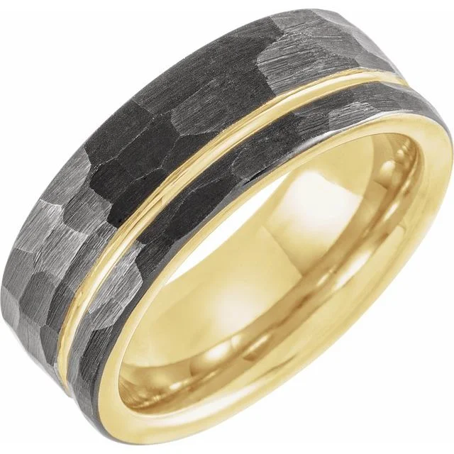 Black & 18K Yellow Gold PVD Tungsten 8 mm Grooved Band With Hammer Finish