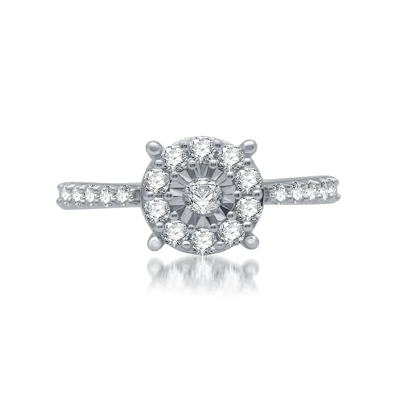 1/2 CTW Diamond Halo Illusion Set Engagement Ring in Rhodium Plated Sterling Silver