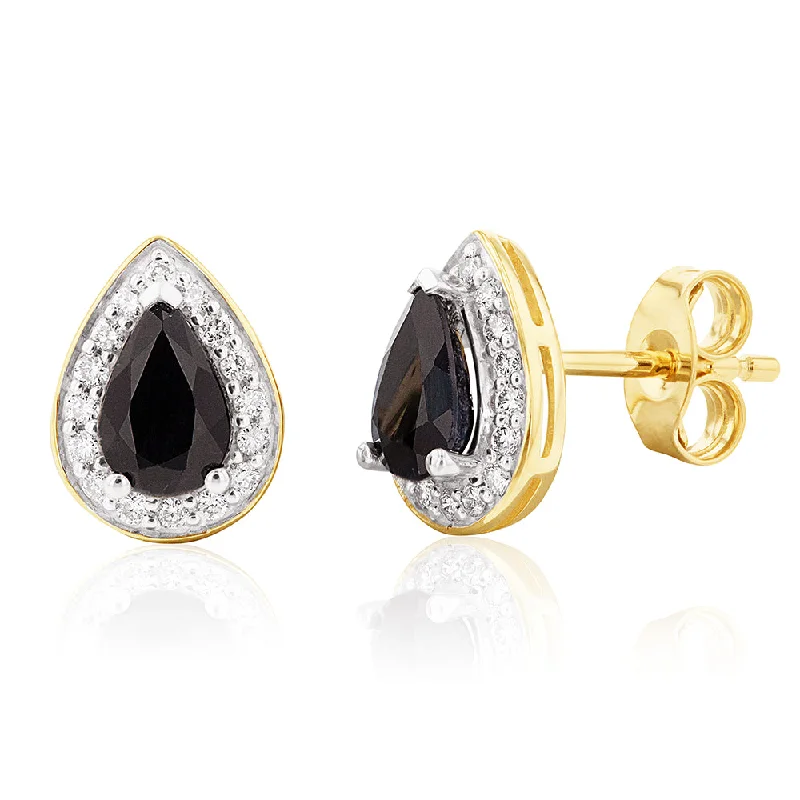 9ct Yellow Gold 6x4mm Natural Sapphire and Diamond Pear Halo Studs