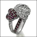 Ring With Two Hearts Set with Ruby and Diamond Color Cubic Zirconia in 14K White Gold