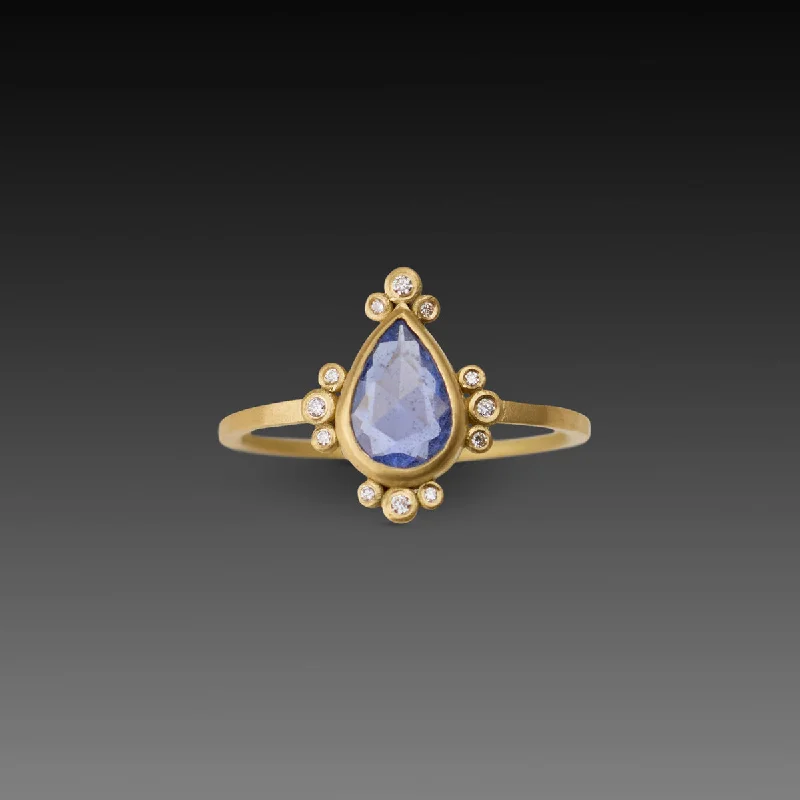 Blue Sapphire Teardrop Ring with Diamond Trios