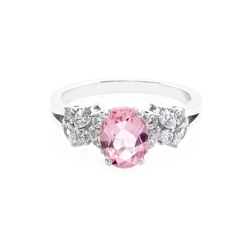 Oval Cut Natural Morganite and Diamond Ring in 14K Solid White Gold