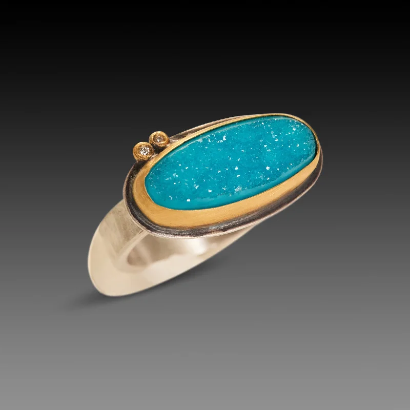 Chrysocolla Druzy Ring with Diamonds