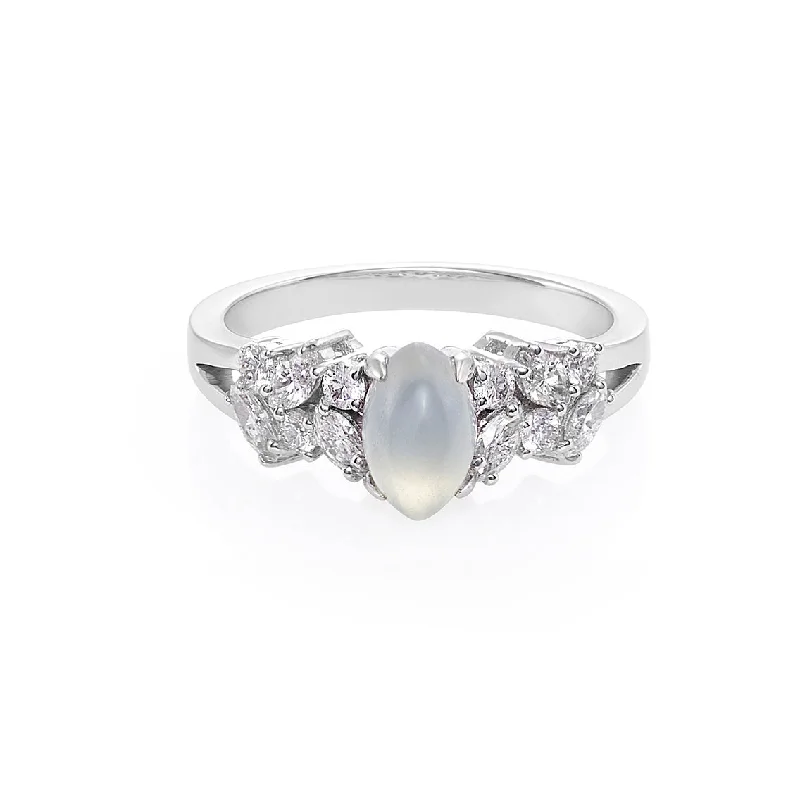 Certified Marquise Cut Natural Icy White Jade & Diamond Ring in 14K Solid White Gold